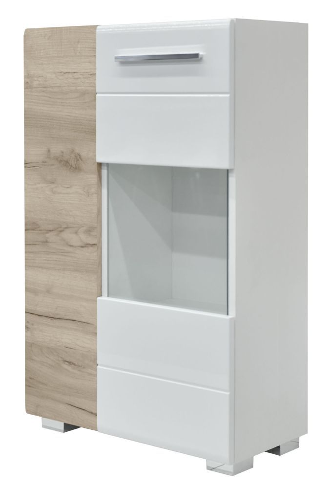 Kommode Colmenar 01, Farbe: Eiche grau / Weiß Glanz - Abmessungen: 103 x 65 x 32 cm (H x B x T)