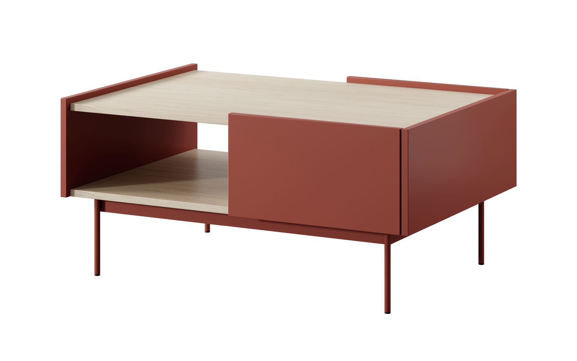 Moderner Couchtisch Cascob 04, 97 x 65 x 45 cm, Keramikrot / Eiche, mit 2 Schubladen und praktischem Fach, ABS-Kanten, stabile Konstruktion, robust