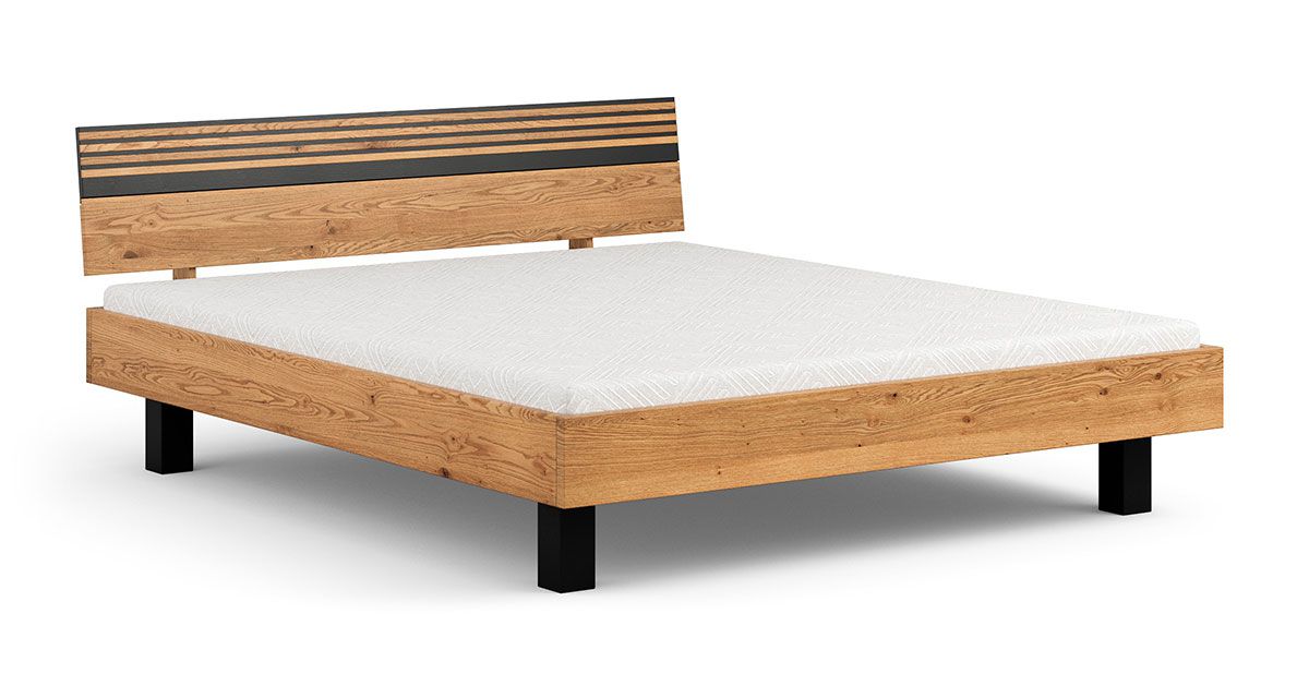 Doppelbett Thari 13 in Eiche / Schwarz, geöltes Massivholz, 93 x 186 x 220 cm, Liegefläche: 180 x 200 cm, für Schlafzimmer, stilvoll, hochwertig