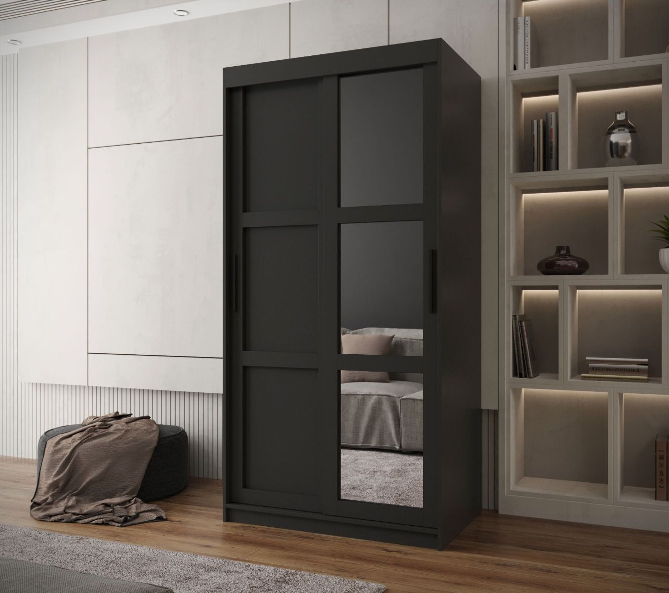 Kleiderschrank Elbrus 14, 1 Meter breit, Schwarz Matt, Maße: 200 x 100 x 62 cm, mit Aluminium Führungen, schwarze Griffe, 2 Kleiderstangen