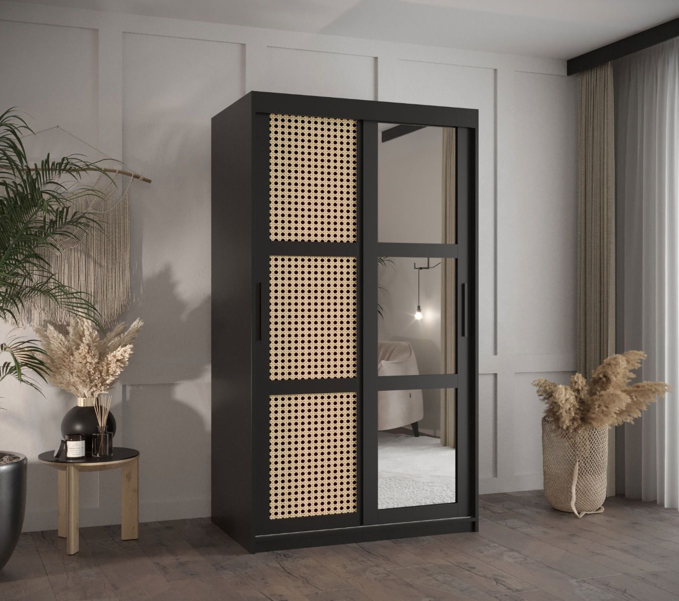 Dunkler Kleiderschrank / Schiebetürenschrank mit modernen Design Kasbek 14, Schwarz Matt, Maße: 200 x 100 x 62 cm, 1 Spiegeltür, 2 Kleiderstangen