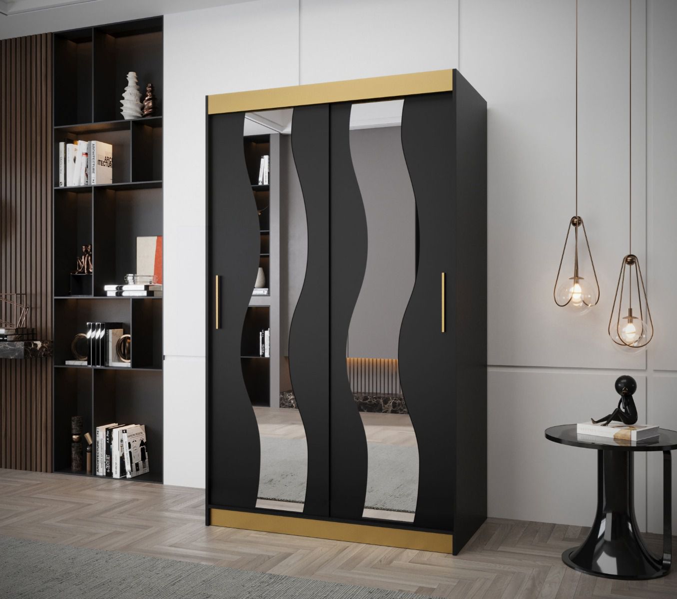 Kleiderschrank / Schiebetürenschrank im stylischen Design Aiguille 06, Griffe: Gold, Schwarz Matt, Maße: 200 x 120 x 62 cm, 5 Fächer, 5 Holzeinlegeböden