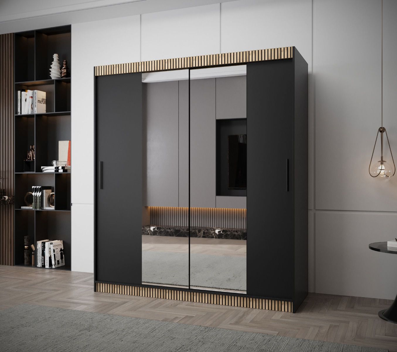 Dunkler Kleiderschrank / Schiebetürenschrank Bernina 11, Schwarz Matt, Maße: 200 x 180 x 62 cm, Griffe: Schwarz, Führungen aus Aluminium