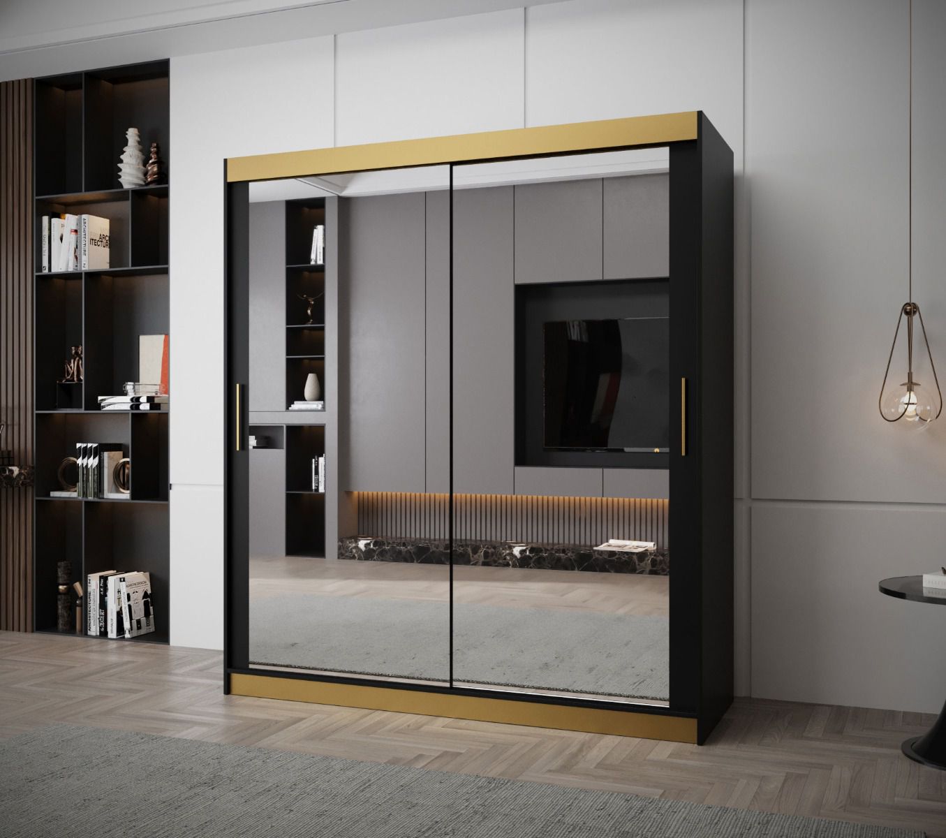 Eleganter Kleiderschrank Bernina 48, mit Spiegeltüren, Schwarz Matt, Griffe: Gold, Maße: 200 x 180 x 62 cm, 10 Fächer, 2 Kleiderstangen