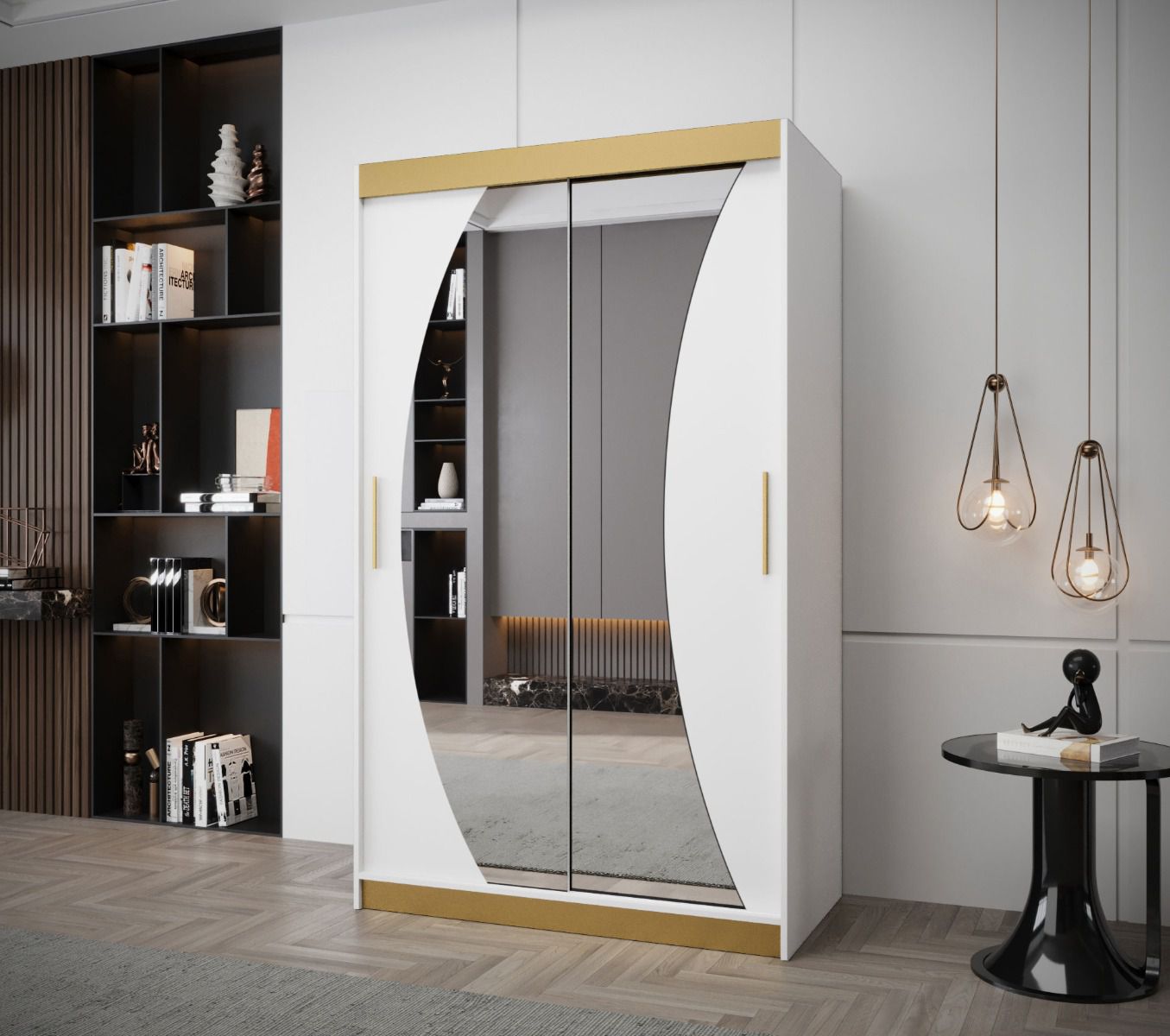 Kleiderschrank im modernen Design Weissmies 04, Weiß Matt, Griffe: Gold, Führungen aus Aluminium, Maße: 200 x 120 x 62 cm, fünf Fächer