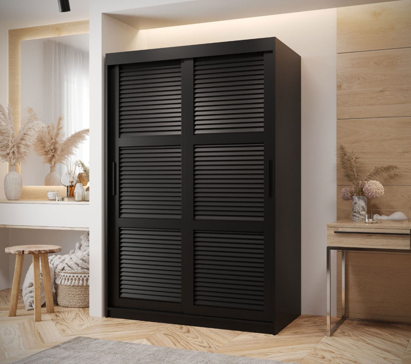 Kleiderschrank im eleganten Design Täschhorn 04, Schwarz Matt, Maße: 200 x 120 x 62 cm, 5 Holzeinlegeböden, 2 Kleiderstangen, Griffe: Schwarz