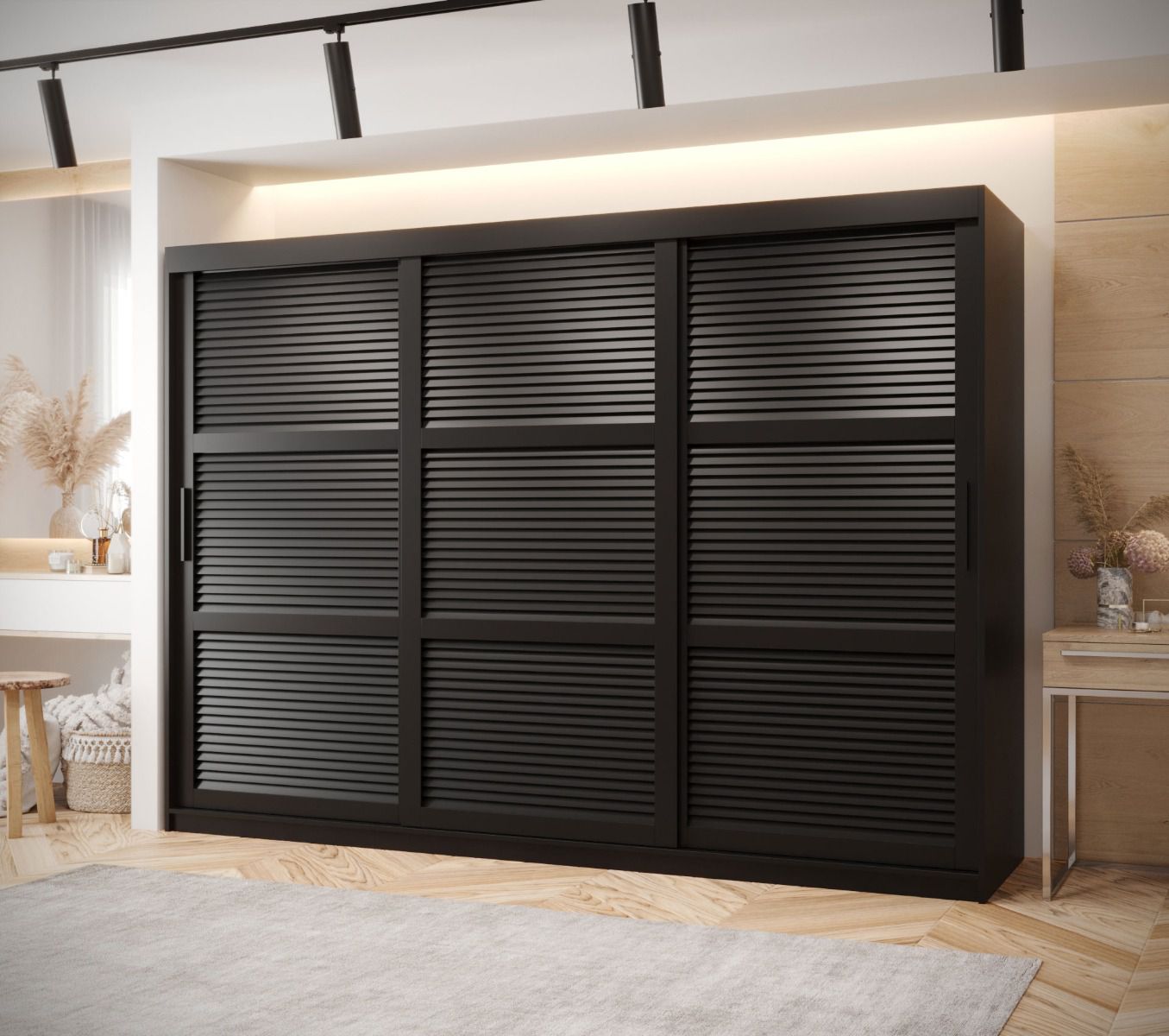 Schiebetürenschrank im eleganten Design Täschhorn 12, Schwarz Matt, Maße: 200 x 250 x 62 cm, 9 Holzeinlegeböden, 2 Kleiderstangen, Griffe: Schwarz