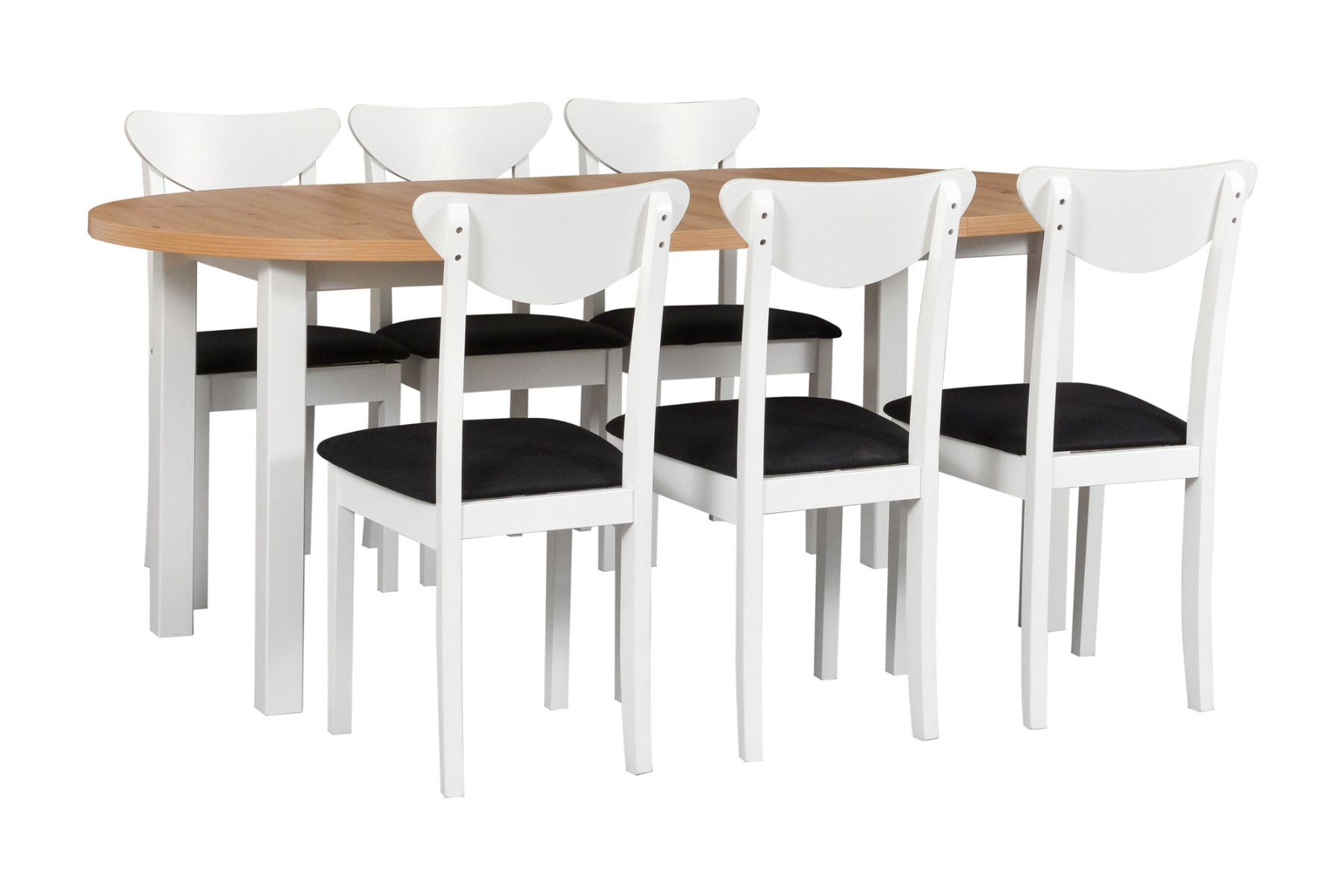 Esszimmer Komplett - Set O, 7 - teilig, ausziehbarer Holztisch in Weiß/Eiche, 6 weiße Holzstühle mit bequemer Polsterung in Schwarz, robustes Holz