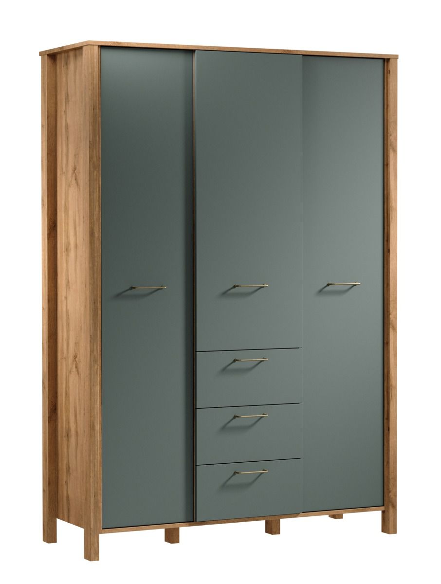 Kleiderschrank Braianik 29, funktional mit 3 Schubladen, 2 Kleiderstangen, 7 Einlegeböden, 8 Fächer, 200 x 138 x 53 cm, 3 Türen, Griffe aus Metall