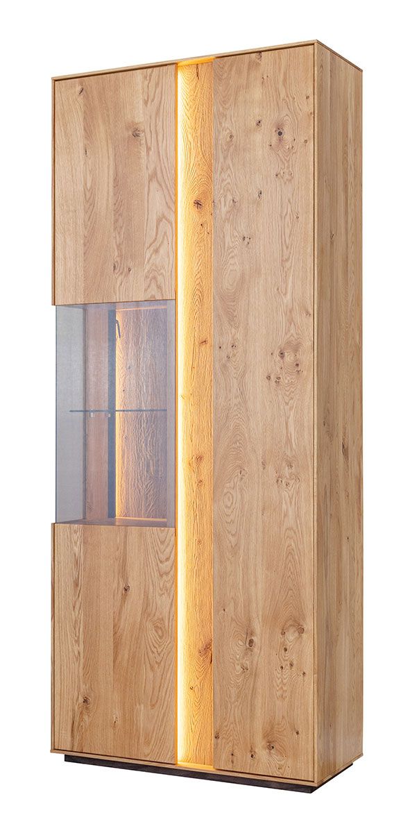 Vitrine Sienne 03 mit 2 Türen, 9 Einlegeböden, 11 Fächer, 205 x 84,5 x 37 cm, in Wildeiche gebürstet und geölt, Massivholz, inklusive LED-Beleuchtung