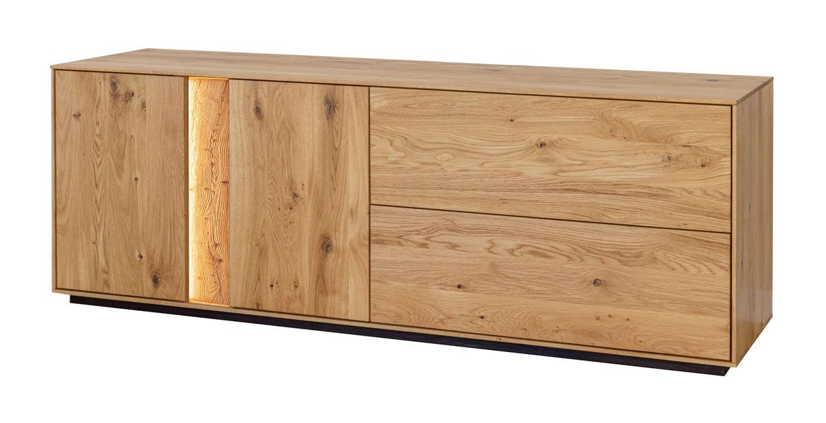 TV-Unterschrank Sienne 07 in 60 x 165 x 43,5 cm, mit push to open, aus Wildeiche massiv, gebürstet und geölt, inklusive LED-Beleuchtung, 6 Fächer