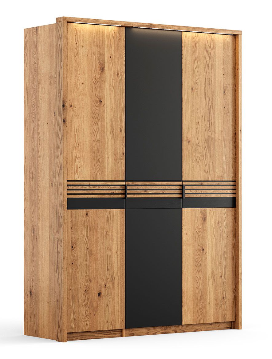 Kleiderschrank Thari 03, Massivholz, Eiche / Schwarz, geölt, 2 Türen, 1 schwarze Glastür, 2 Einlegeböden, 2 Kleiderstangen, 219 x 156 x 58 cm, Soft Close