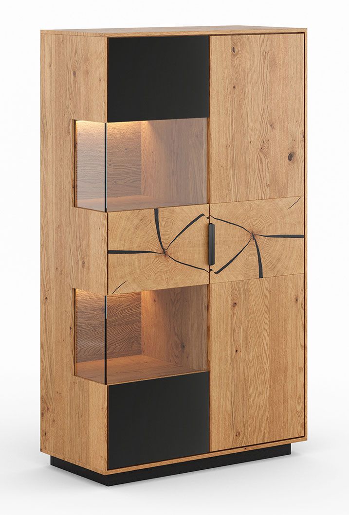 Vitrine Rania 18 mit 2 Türen, aus Massivholz, Eiche / Schwarz, 52 x 200 x 39 cm, schwarze Metallgriffe, 10 Fächer, 7 Böden, LED-Beleuchtung inklusive