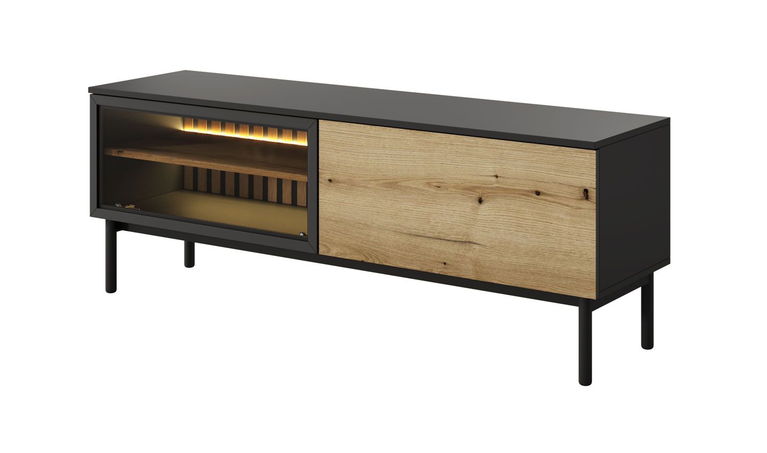 TV-Schrank / TV-Möbel mit Eichen-Lamellen Zeraoua 05, Farbe: Schwarz / Eiche, ABS-Kantenschutz, Push-to-open, Maße: 55 x 150 x 39 cm, zwei Kippfächer