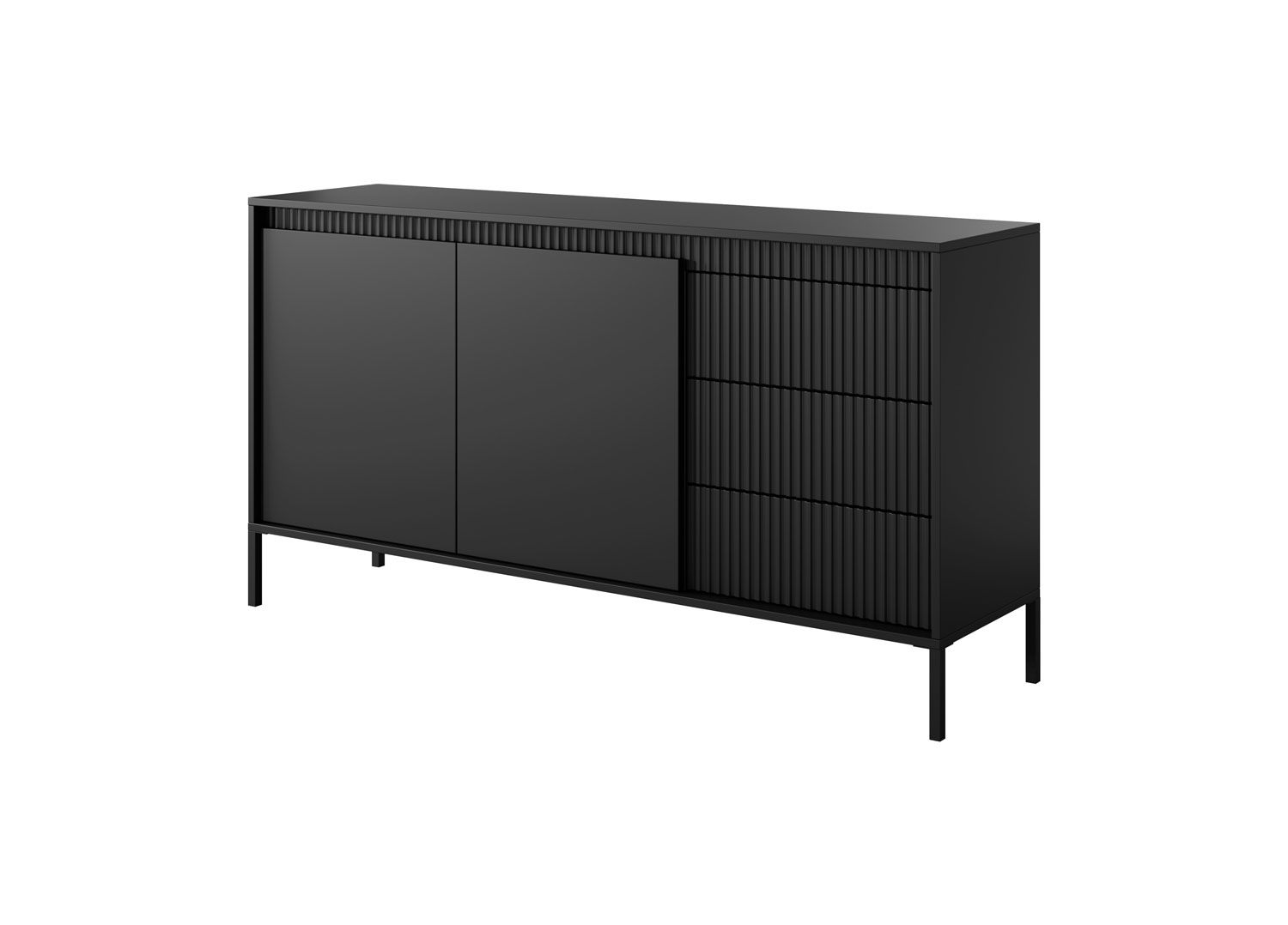 Sideboard / Kommode mit vier Fächer Balta 08, Farbe: Schwarz, drei Schubladen, Push-to-open Funktion, Beine: Metall, Maße: 81 x 153,5 x 39,5 cm