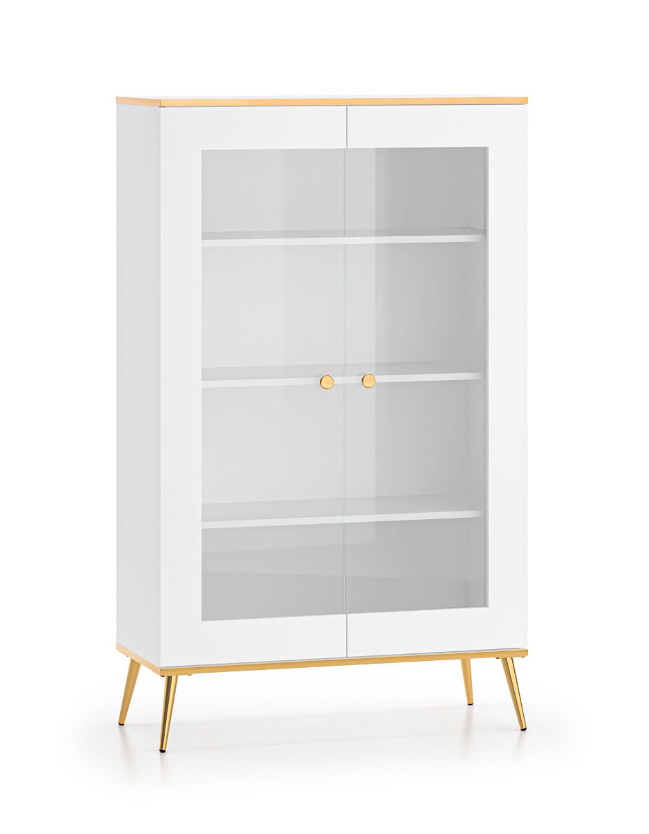 Luxuriöse Vitrine mit vier Fächer Breckenridge 03, Farbe: Weiß, ABS-Kantenschutz, Maße: 152 x 92 x 40 cm, Soft-Close-System, Griffe: Gold, mit 2 Türen 