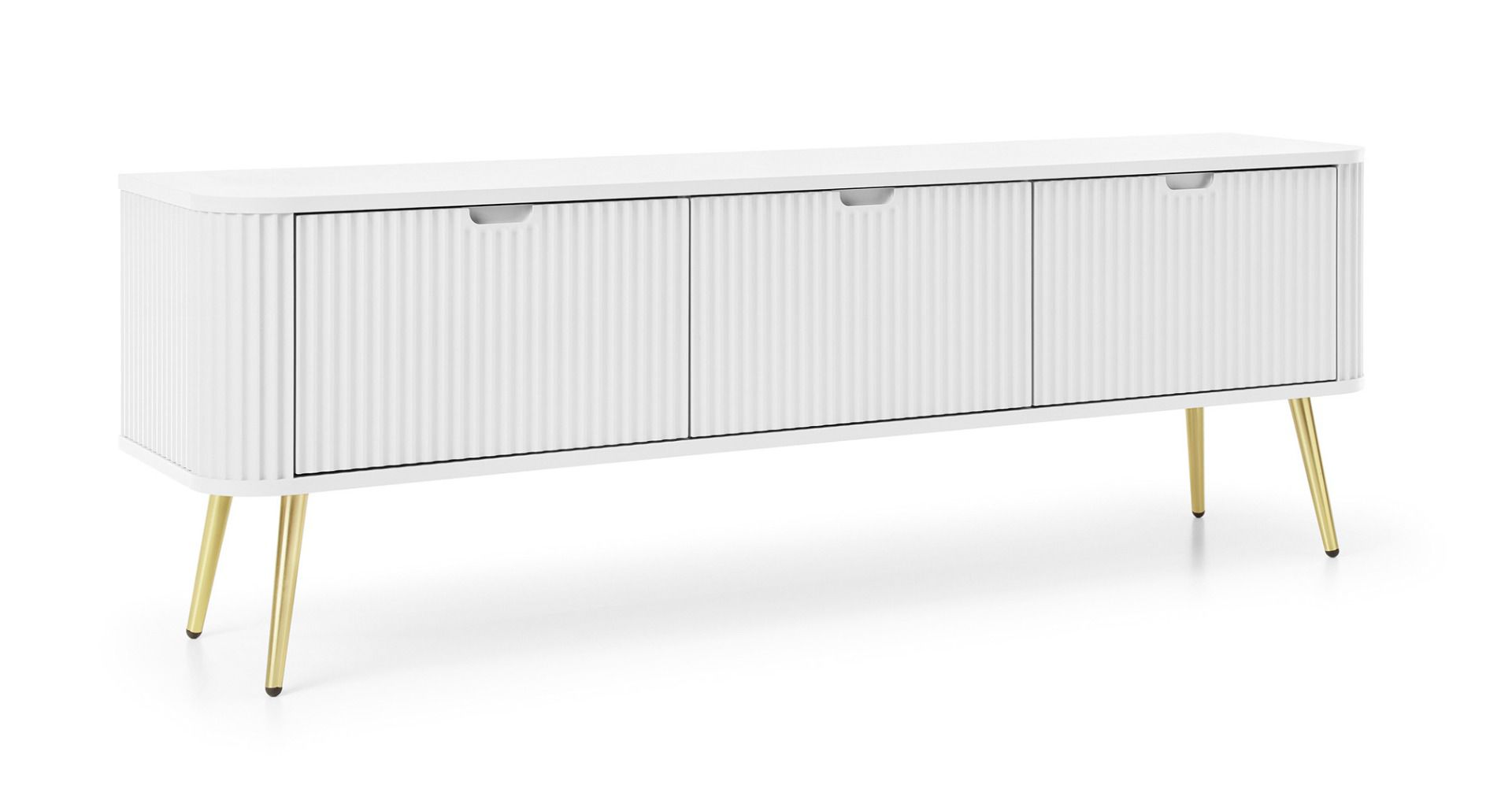 Weißes TV-Möbel Makreb 04 mit gefräßten Fronten, 57 x 168 x 39 cm, Beine aus Metall in der Farbe Gold, 3 Fächer, 3 Türen, ABS Kantenschutz, Wohnzimmer