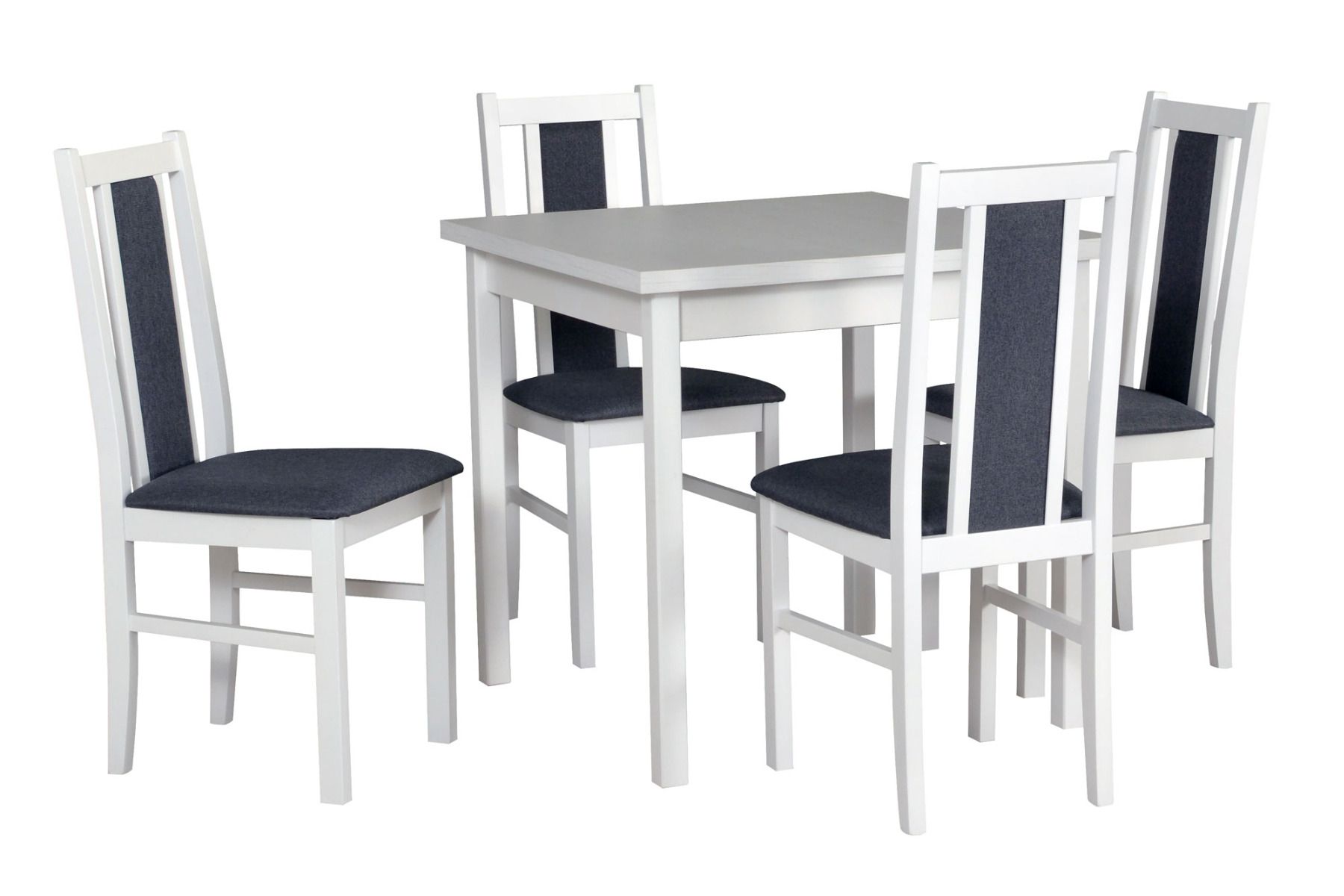 Esszimmer Komplett - Set M, 5 - teilig, Holzfarbe: Weiß, robustes Holz, bequeme und weiche Polsterung der Sitzfläche, modernes Design, Laminatplatte