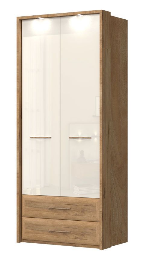 Drehtürenschrank / Kleiderschrank mit LED-Rahmen Gataivai 52, Farbe: Beige Hochglanz / Walnuss - Abmessungen: 224 x 92 x 56 cm (H x B x T)