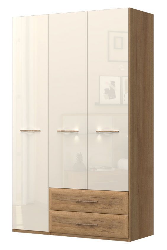 Drehtürenschrank / Kleiderschrank Gataivai 36, Farbe: Beige Hochglanz / Walnuss - Abmessungen 224 x 137 x 56 cm (H x B x T)