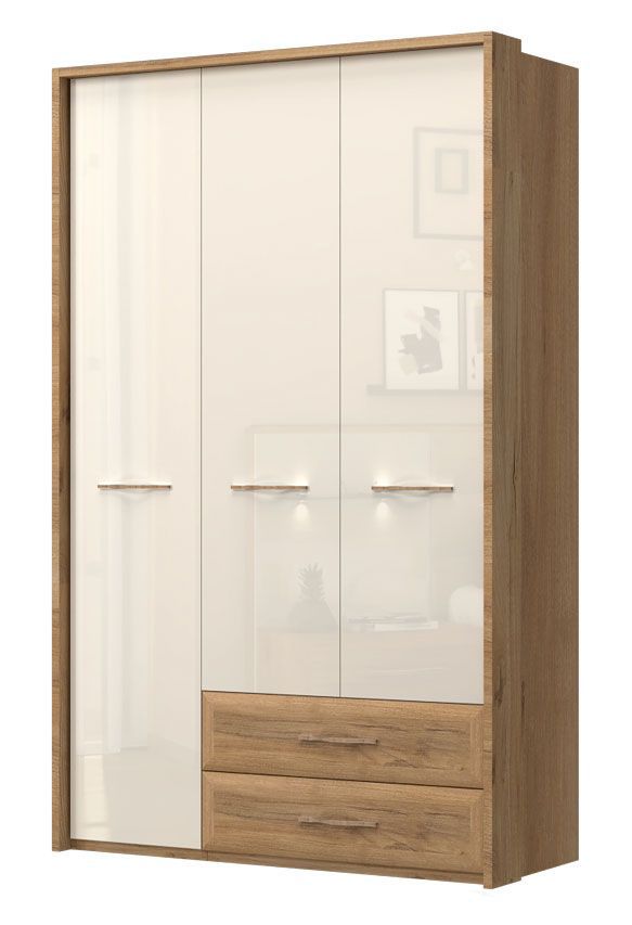 Drehtürenschrank / Kleiderschrank mit Rahmen Gataivai 45, Farbe: Beige Hochglanz / Walnuss - Abmessungen: 224 x 137 x 56 cm (H x B x T)