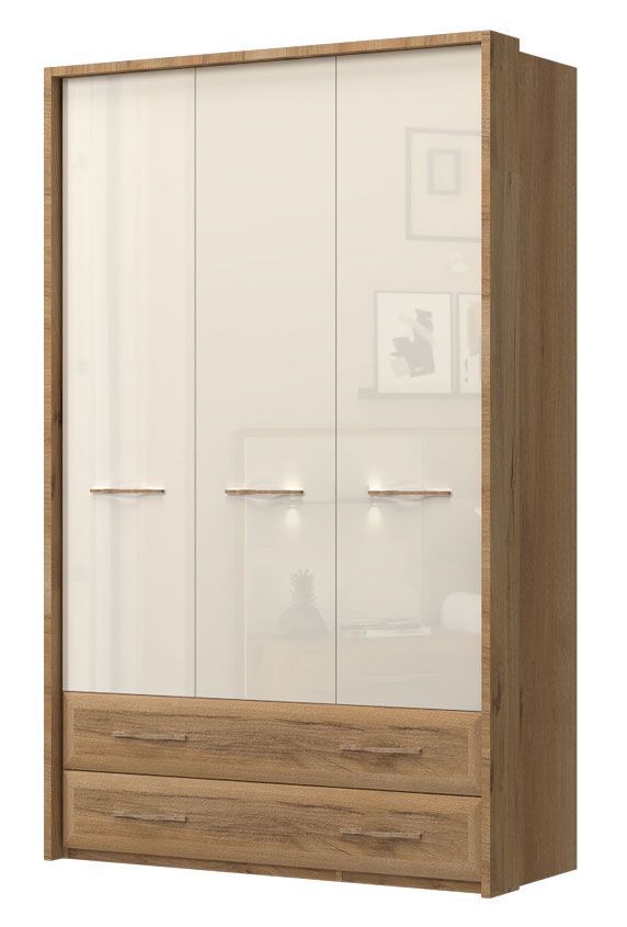 Drehtürenschrank / Kleiderschrank mit Rahmen Gataivai 44, Farbe: Beige Hochglanz / Walnuss - Abmessungen: 224 x 137 x 56 cm (H x B x T)