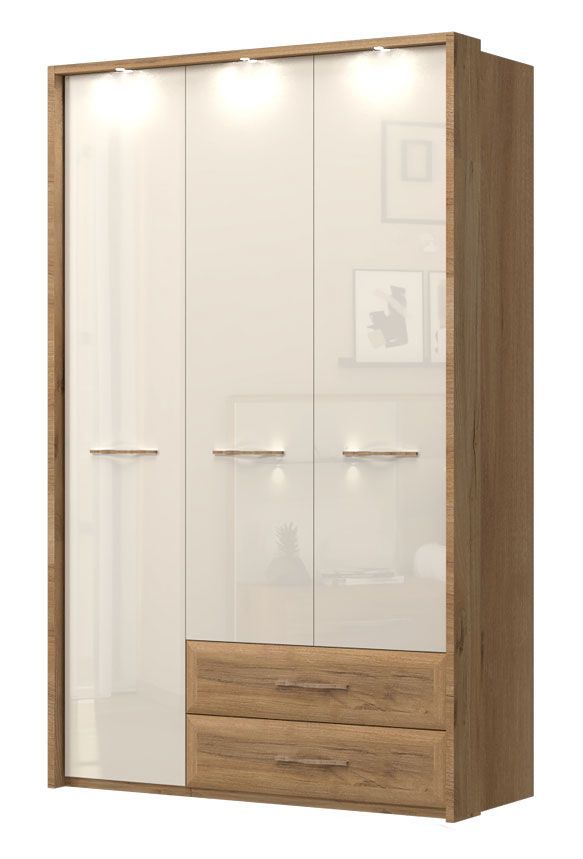 Drehtürenschrank / Kleiderschrank mit LED-Rahmen Gataivai 54, Farbe: Beige Hochglanz / Walnuss - Abmessungen: 224 x 137 x 56 cm (H x B x T)