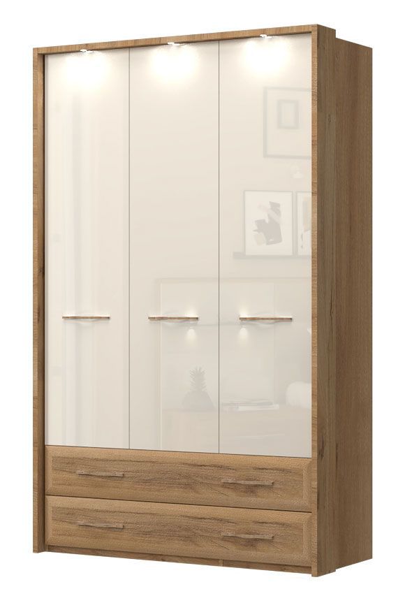 Drehtürenschrank / Kleiderschrank mit LED-Rahmen Gataivai 53, Farbe: Beige Hochglanz / Walnuss - Abmessungen: 224 x 137 x 56 cm (H x B x T)