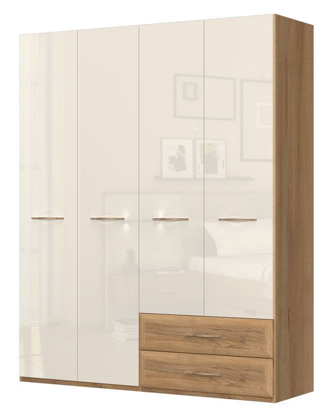 Drehtürenschrank / Kleiderschrank Gataivai 38, Farbe: Beige Hochglanz / Walnuss - Abmessungen: 224 x 182 x 56 cm (H x B x T)