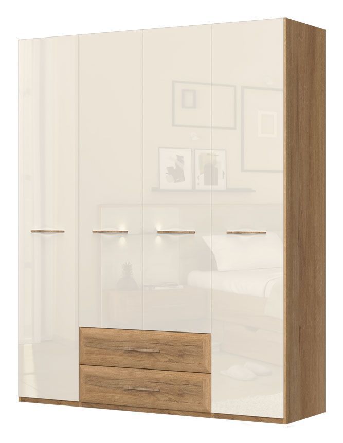 Drehtürenschrank / Kleiderschrank Gataivai 37, Farbe: Beige Hochglanz / Walnuss - Abmessungen: 224 x 182 x 56 cm (H x B x T)