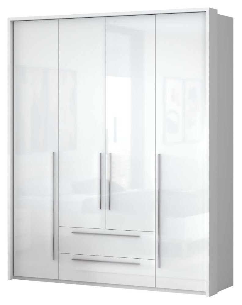 Drehtürenschrank / Kleiderschrank mit Rahmen Siumu 29, Farbe: Weiß / Weiß Hochglanz - 226 x 187 x 60 cm (H x B x T)