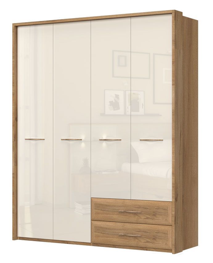 Drehtürenschrank / Kleiderschrank mit Rahmen Gataivai 47, Farbe: Beige Hochglanz / Walnuss - Abmessungen: 224 x 182 x 56 cm (H x B x T)