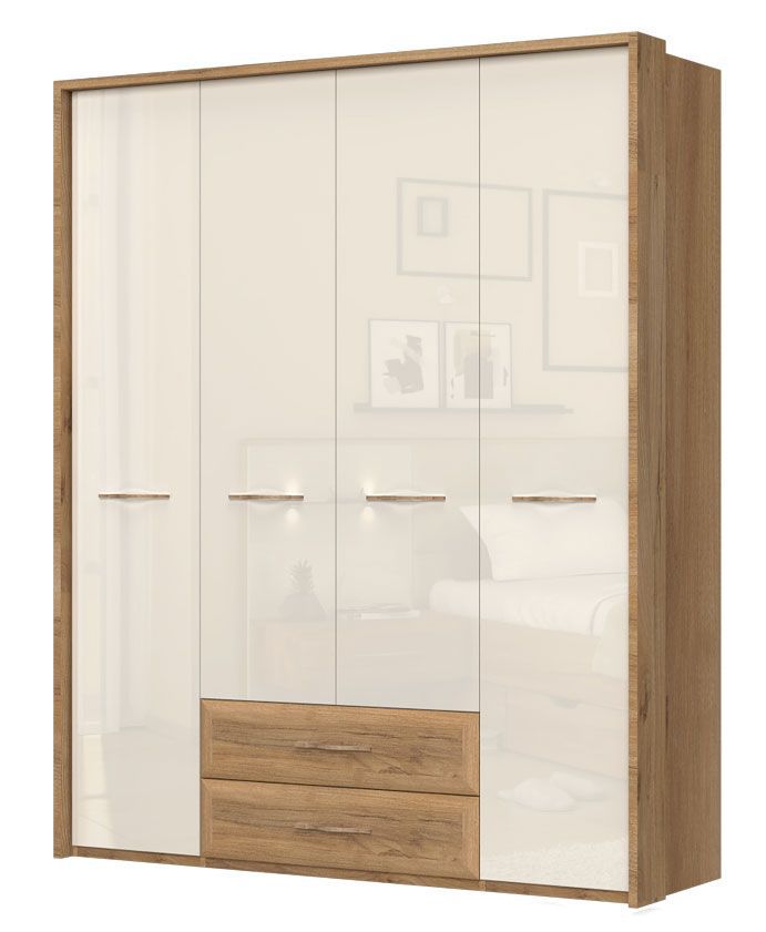 Drehtürenschrank / Kleiderschrank mit Rahmen Gataivai 46, Farbe: Beige Hochglanz / Walnuss - Abmessungen: 224 x 182 x 56 cm (H x B x T)