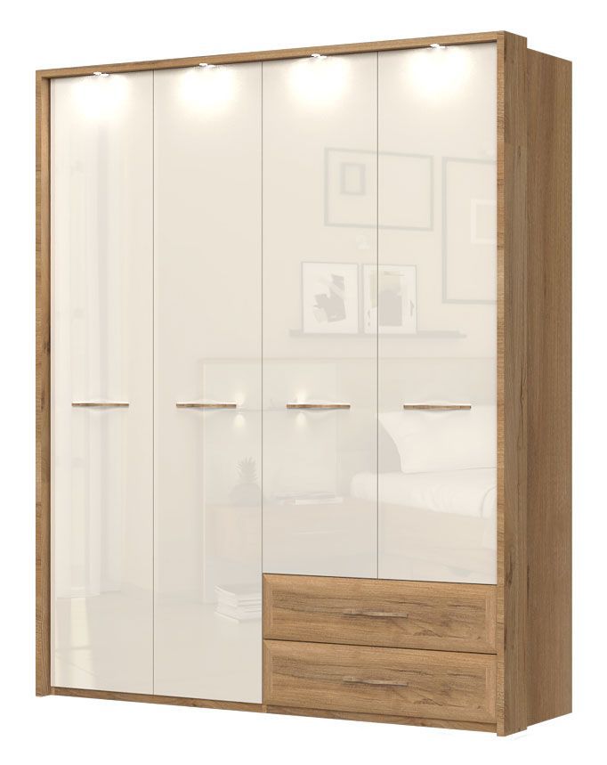 Drehtürenschrank / Kleiderschrank mit LED-Rahmen Gataivai 56, Farbe: Beige Hochglanz / Walnuss - Abmessungen: 224 x 182 x 56 cm (H x B x T)