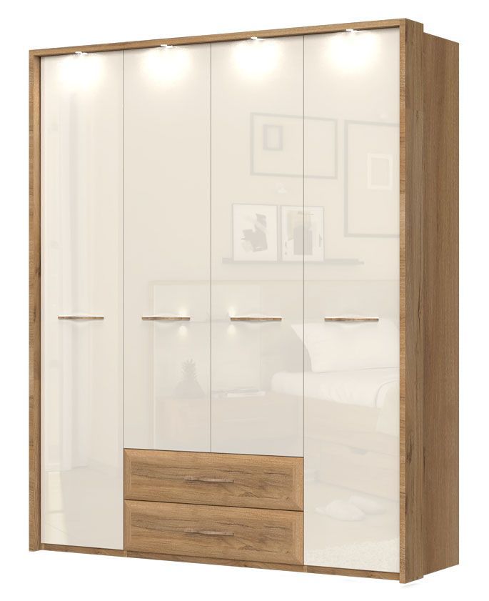 Drehtürenschrank / Kleiderschrank mit LED-Rahmen Gataivai 55, Farbe: Beige Hochglanz / Walnuss - Abmessungen: 224 x 182 x 56 cm (H x B x T)