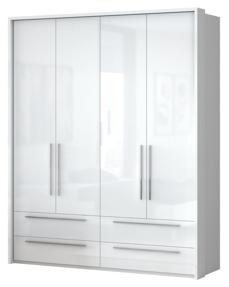 Drehtürenschrank / Kleiderschrank mit Rahmen Siumu 30, Farbe: Weiß / Weiß Hochglanz - 226 x 187 x 60 cm (H x B x T)