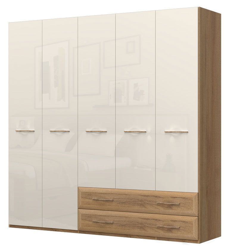 Drehtürenschrank / Kleiderschrank Gataivai 40, Farbe: Beige Hochglanz / Walnuss - Abmessungen: 224 x 272 x 56 cm (H x B x T)