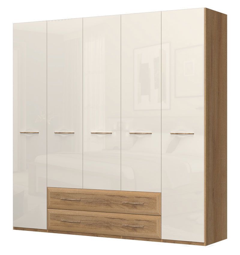 Drehtürenschrank / Kleiderschrank Gataivai 39, Farbe: Beige Hochglanz / Walnuss - Abmessungen: 224 x 227 x 56 cm (H x B x T)