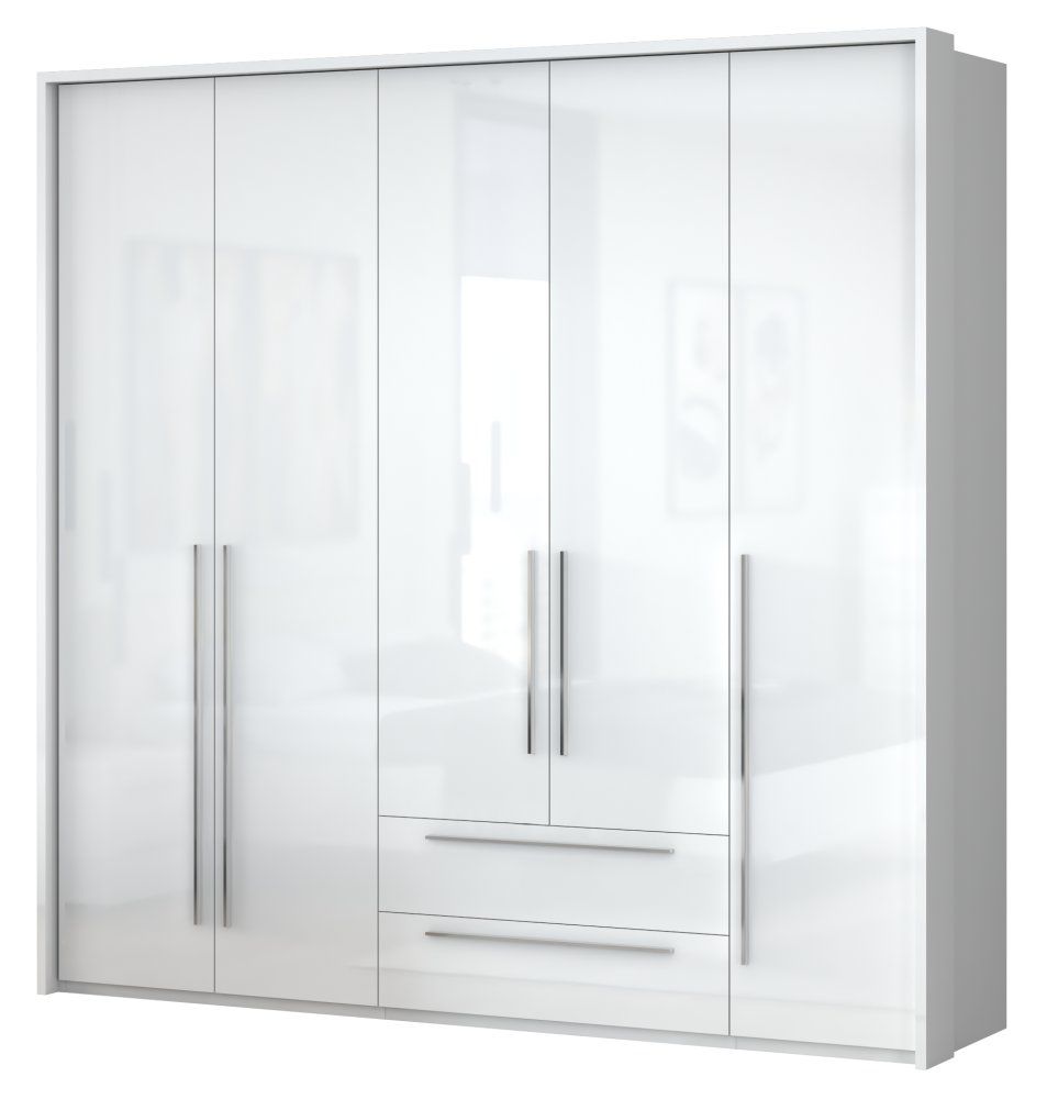 Drehtürenschrank / Kleiderschrank mit LED-Rahmen Siumu 31, Farbe: Weiß / Weiß Hochglanz - 226 x 232 x 60 cm (H x B x T)