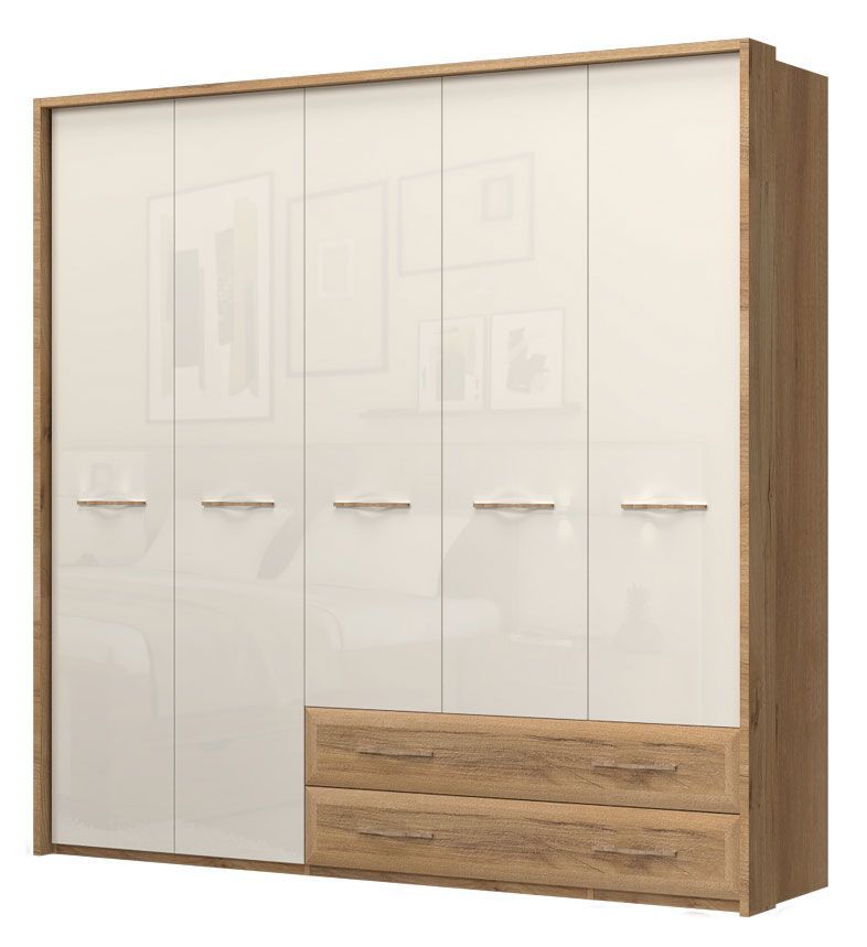 Drehtürenschrank / Kleiderschrank mit Rahmen Gataivai 49, Farbe: Beige Hochglanz / Walnuss - Abmessungen: 224 x 272 x 56 cm (H x B x T)