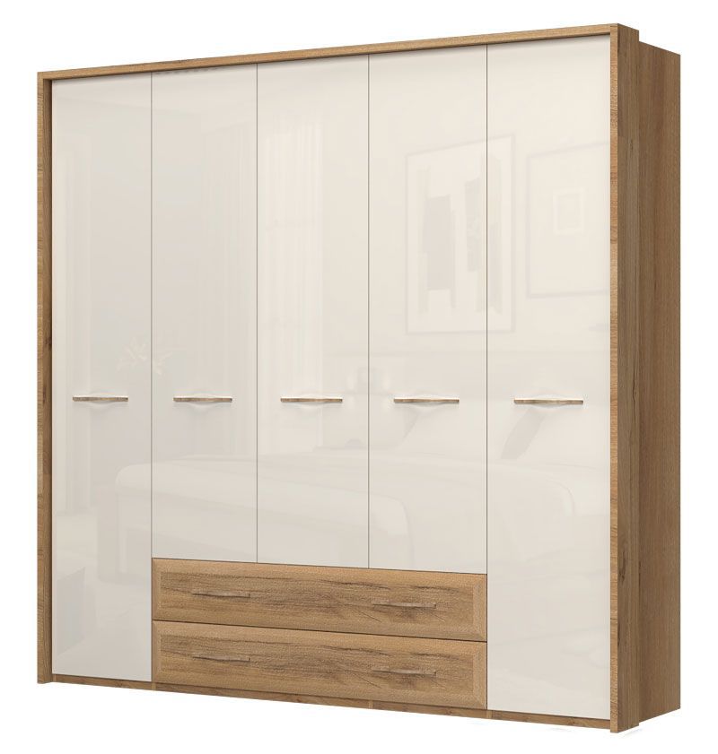 Drehtürenschrank / Kleiderschrank mit Rahmen Gataivai 48, Farbe: Beige Hochglanz / Walnuss - Abmessungen: 224 x 227 x 56 cm (H x B x T)