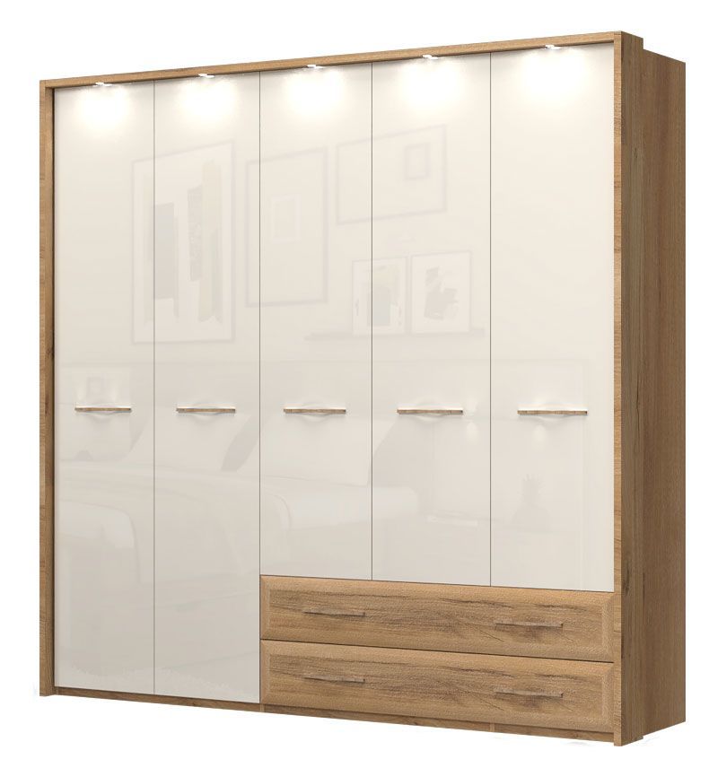 Drehtürenschrank / Kleiderschrank mit LED-Rahmen Gataivai 58, Farbe: Beige Hochglanz / Walnuss - Abmessungen: 224 x 272 x 56 cm (H x B x T)