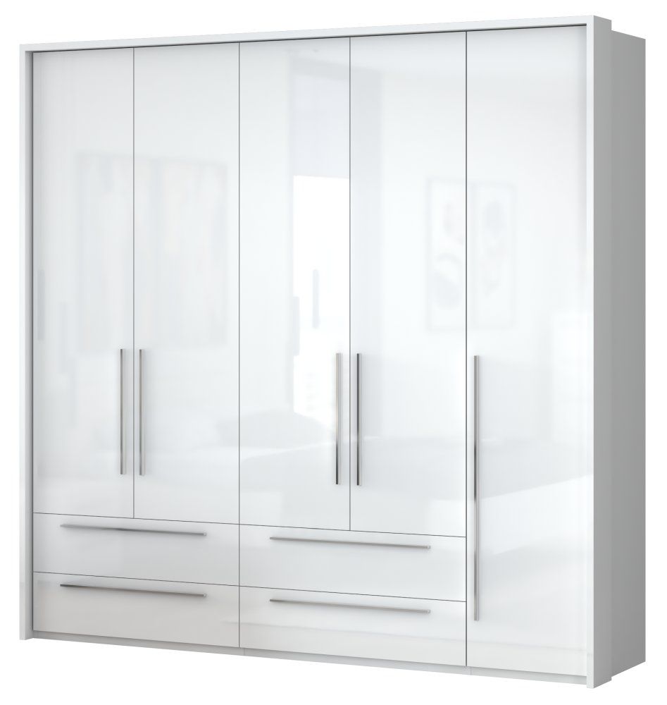 Drehtürenschrank / Kleiderschrank mit LED-Rahmen Siumu 32, Farbe: Weiß / Weiß Hochglanz - 226 x 232 x 60 cm (H x B x T)