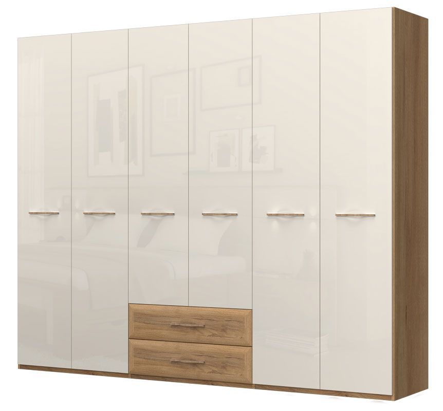 Drehtürenschrank / Kleiderschrank Gataivai 41, Farbe: Beige Hochglanz / Walnuss - Abmessungen: 224 x 272 x 56 cm (H x B x T)