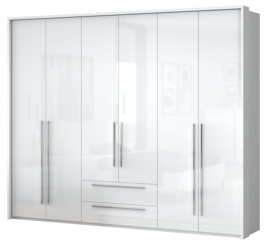 Drehtürenschrank / Kleiderschrank mit LED-Rahmen Siumu 33, Farbe: Weiß / Weiß Hochglanz - 226 x 277 x 60 cm (H x B x T)