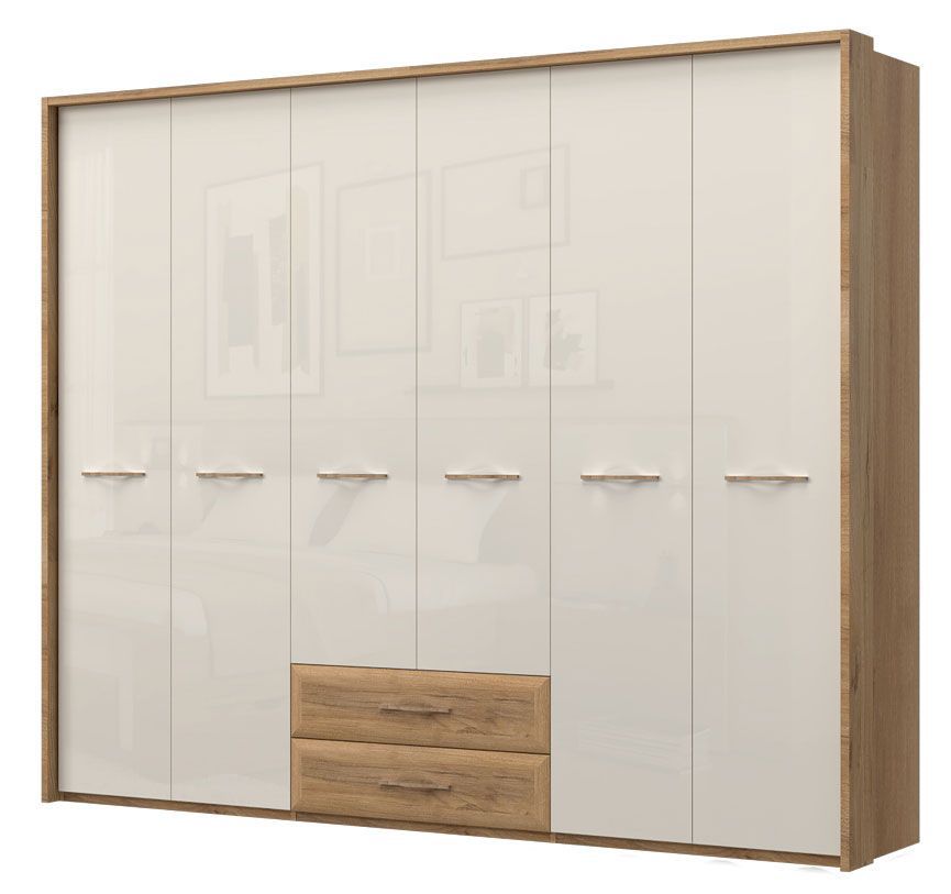 Drehtürenschrank / Kleiderschrank mit Rahmen Gataivai 50, Farbe: Beige Hochglanz / Walnuss - Abmessungen: 224 x 272 x 56 cm (H x B x T)