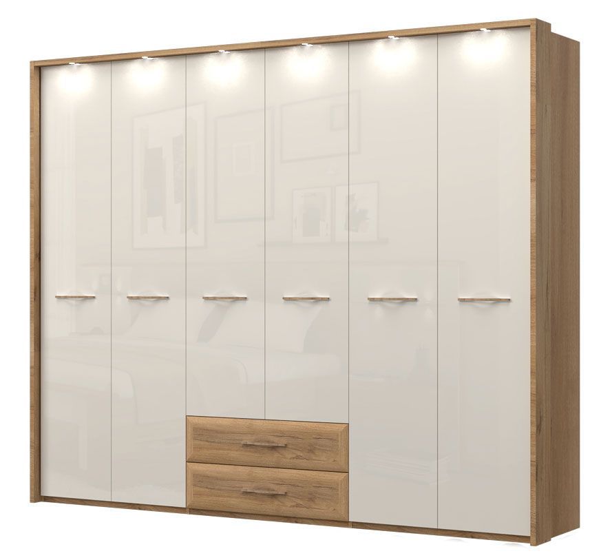 Drehtürenschrank / Kleiderschrank mit LED-Rahmen Gataivai 59, Farbe: Beige Hochglanz / Walnuss - Abmessungen: 224 x 272 x 56 cm (H x B x T)