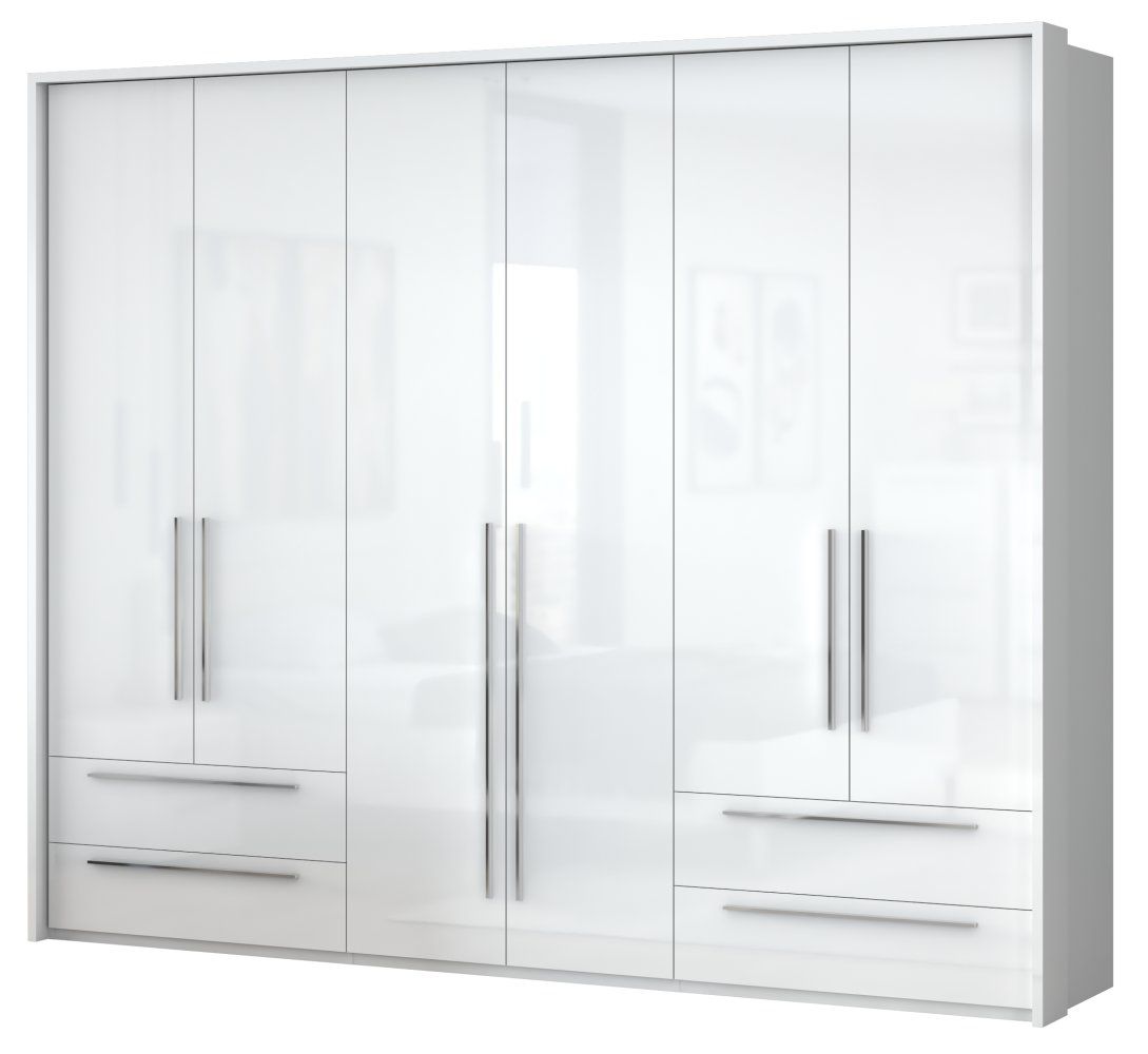 Drehtürenschrank / Kleiderschrank mit LED-Rahmen Siumu 34, Farbe: Weiß / Weiß Hochglanz - 226 x 277 x 60 cm (H x B x T)