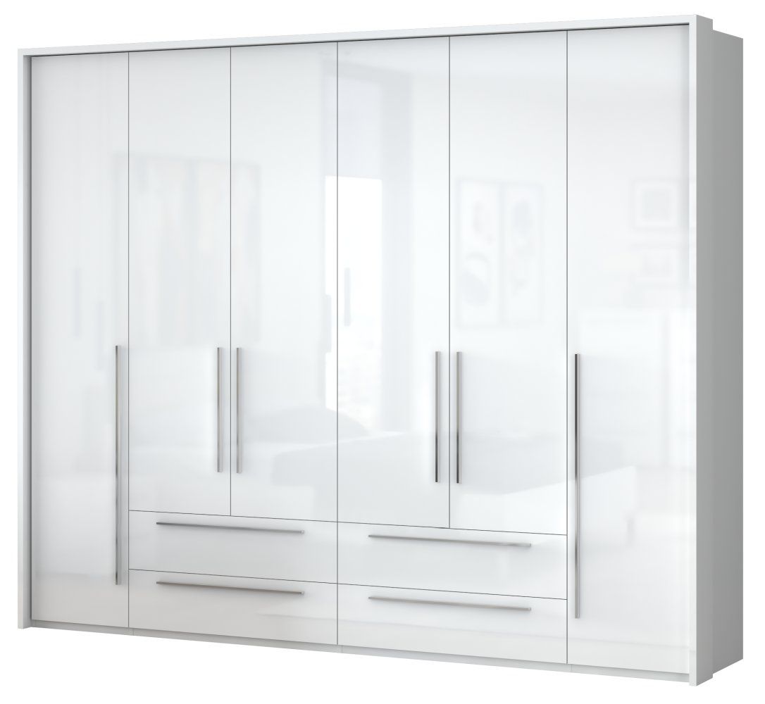 Drehtürenschrank / Kleiderschrank mit LED-Rahmen Siumu 35, Farbe: Weiß / Weiß Hochglanz - 226 x 277 x 60 cm (H x B x T)