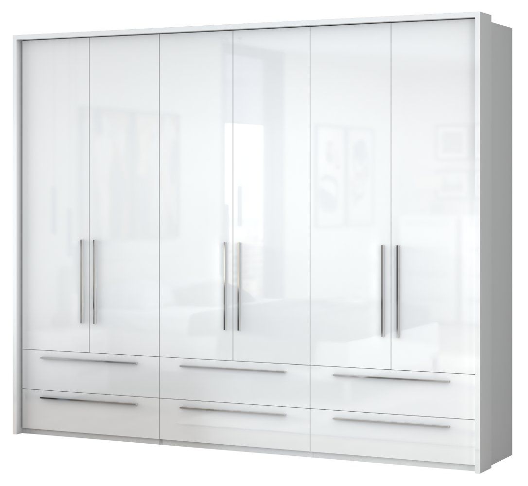 Drehtürenschrank / Kleiderschrank mit Rahmen Siumu 36, Farbe: Weiß / Weiß Hochglanz - 226 x 277 x 60 cm (H x B x T)